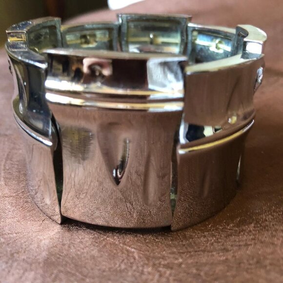 Silver-tone, Thick, Stretchy, Elasticized, Cuff Bracelet, Approximately 3" - Picture 1 of 8